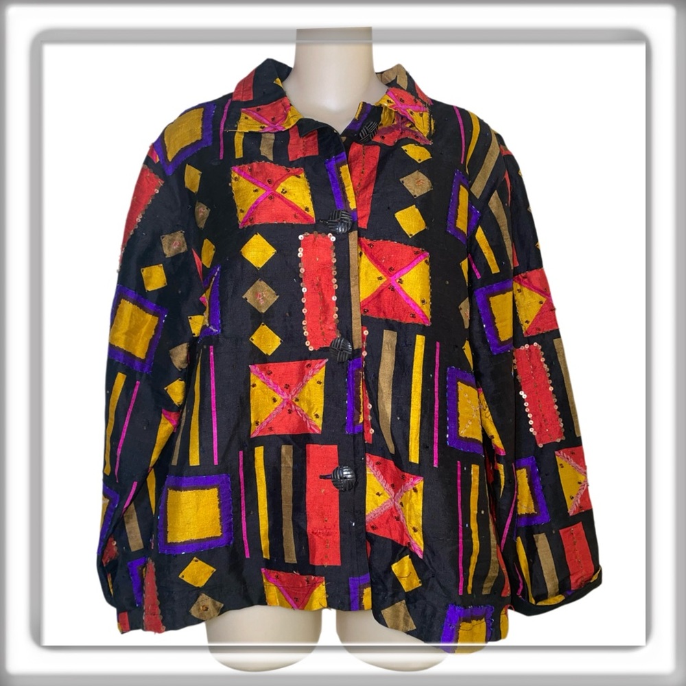 Vintage Chico’s Design 100% Silk Embroidered Jacket Embellished Size 1, US 8 Med